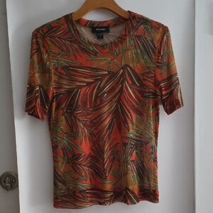 Karen Kane Tropical Leaf Print Sheer Short Sleeve Tee
